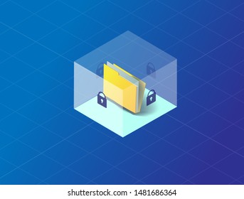 Document folder protection concept. Confidential information and privacy idea. Lock data. Security documentation access or documents safety. Modern vector 3d isometric illustration of data protection