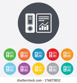 Document folder sign. Accounting binder symbol. Bookkeeping management. Round colourful 11 buttons. Vector