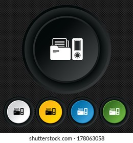Document folder sign. Accounting binder symbol. Bookkeeping management. Round colourful buttons on black texture. Vector