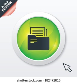 Document folder sign. Accounting binder symbol. Bookkeeping management. Green shiny button. Modern UI website button with mouse cursor pointer. Vector