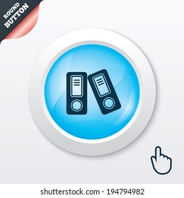 Document folder sign. Accounting binder symbol. Bookkeeping management. Blue shiny button. Modern UI website button with hand cursor pointer. Vector