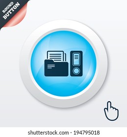Document folder sign. Accounting binder symbol. Bookkeeping management. Blue shiny button. Modern UI website button with hand cursor pointer. Vector