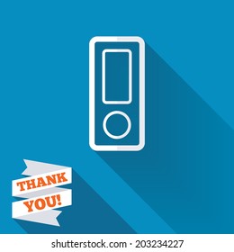 Document folder sign. Accounting binder symbol. Bookkeeping management. White flat icon with long shadow. Paper ribbon label with Thank you text. Vector