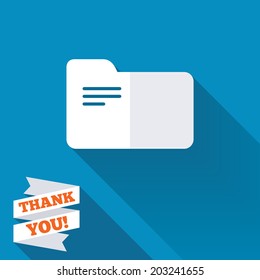 Document folder sign. Accounting binder symbol. Bookkeeping management. White flat icon with long shadow. Paper ribbon label with Thank you text. Vector