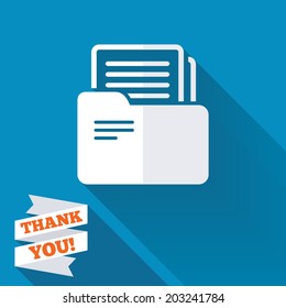 Document folder sign. Accounting binder symbol. Bookkeeping management. White flat icon with long shadow. Paper ribbon label with Thank you text. Vector