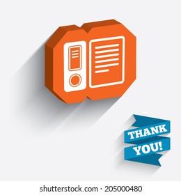Document folder sign. Accounting binder symbol. Bookkeeping management. White icon on orange 3D piece of wall. Carved in stone with long flat shadow. Vector