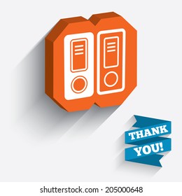 Document folder sign. Accounting binder symbol. Bookkeeping management. White icon on orange 3D piece of wall. Carved in stone with long flat shadow. Vector