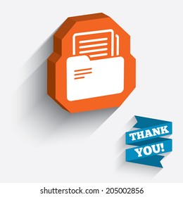 Document folder sign. Accounting binder symbol. Bookkeeping management. White icon on orange 3D piece of wall. Carved in stone with long flat shadow. Vector
