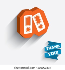 Document folder sign. Accounting binder symbol. Bookkeeping management. White icon on orange 3D piece of wall. Carved in stone with long flat shadow. Vector