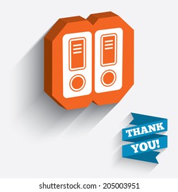 Document folder sign. Accounting binder symbol. Bookkeeping management. White icon on orange 3D piece of wall. Carved in stone with long flat shadow. Vector