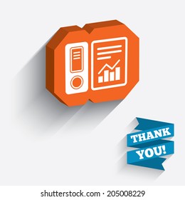 Document folder sign. Accounting binder symbol. Bookkeeping management. White icon on orange 3D piece of wall. Carved in stone with long flat shadow. Vector