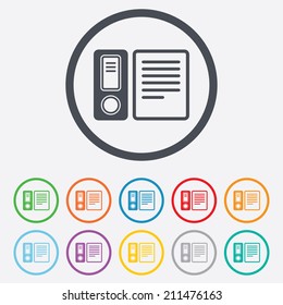 Document folder sign. Accounting binder symbol. Bookkeeping management. Round circle buttons with frame. Vector