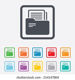 Document folder sign. Accounting binder symbol. Bookkeeping management. Round squares buttons with frame. Vector