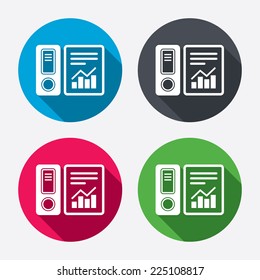 Document folder sign. Accounting binder symbol. Bookkeeping management. Circle buttons with long shadow. 4 icons set. Vector