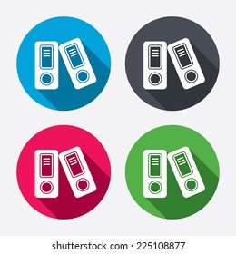 Document folder sign. Accounting binder symbol. Bookkeeping management. Circle buttons with long shadow. 4 icons set. Vector