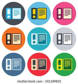 Document folder sign. Accounting binder symbol. Bookkeeping management. Colored round buttons. Flat design circle icons set. Vector