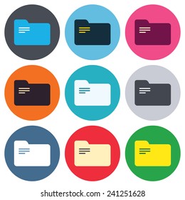 Document folder sign. Accounting binder symbol. Bookkeeping management. Colored round buttons. Flat design circle icons set. Vector