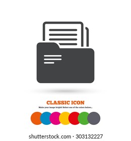 Document folder sign. Accounting binder symbol. Bookkeeping management. Classic flat icon. Colored circles. Vector
