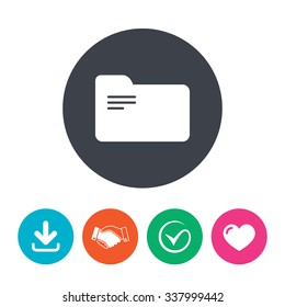 Document folder sign. Accounting binder symbol. Bookkeeping management. Download arrow, handshake, tick and heart. Flat circle buttons.