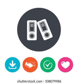 Document folder sign. Accounting binder symbol. Bookkeeping management. Download arrow, handshake, tick and heart. Flat circle buttons.
