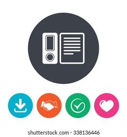 Document folder sign. Accounting binder symbol. Bookkeeping management. Download arrow, handshake, tick and heart. Flat circle buttons.
