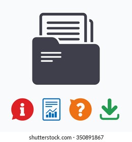 Document folder sign. Accounting binder symbol. Bookkeeping management. Information think bubble, question mark, download and report.