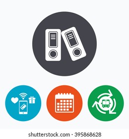 Document folder sign. Accounting binder symbol. Bookkeeping management. Mobile payments, calendar and wifi icons. Bus shuttle.