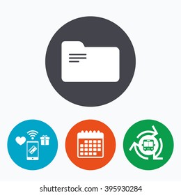 Document folder sign. Accounting binder symbol. Bookkeeping management. Mobile payments, calendar and wifi icons. Bus shuttle.