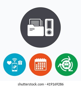 Document folder sign. Accounting binder symbol. Bookkeeping management. Mobile payments, calendar and wifi icons. Bus shuttle.
