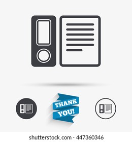 Document folder sign. Accounting binder symbol. Bookkeeping management. Flat icons. Buttons with icons. Thank you ribbon. Vector