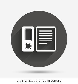Document folder sign. Accounting binder symbol. Bookkeeping management. Circle flat button with shadow. Vector
