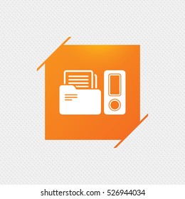 Document folder sign. Accounting binder symbol. Bookkeeping management. Orange square label on pattern. Vector