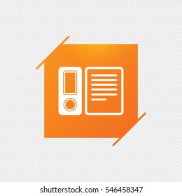 Document folder sign. Accounting binder symbol. Bookkeeping management. Orange square label on pattern. Vector