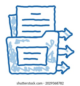 en el vector de icono de esbozo de carpeta. Documento de arte de la línea de doodle azul dibujado a mano en el signo de carpeta. ilustración de símbolo aislado