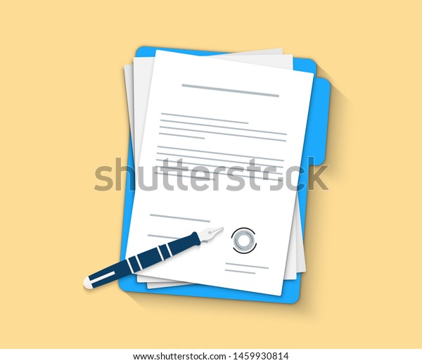 Document, folder with stamp\
and text. Contract papers. Document. Flat design. Contract icon\
agreement pen.