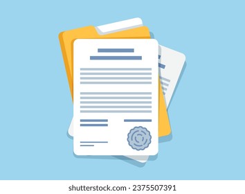 Document, folder with stamp and text icon in flat style. White papers vector illustration on isolated background. Confirmed or approved document sign business concept.