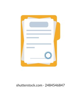 Document, folder with stamp and text icon in flat style. White papers vector illustration on isolated background. Confirmed or approved document sign business concept.