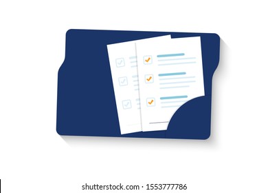 Document. Folder with document, stamp and text. Stack of agreements document with signature and approval stamp. Contract papers