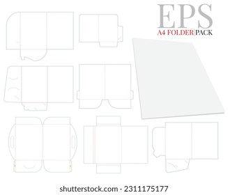 Document Folder Template A4 set. Vector with die cut, laser cut layers. White, clear, blank, isolated Document Folder mock up on white background with perspective view