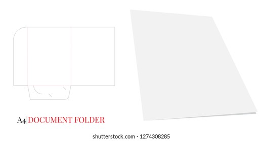 Document Folder Template A4. Vector with die cut / laser cut layers. White, clear, blank, isolated Document Folder on white background with perspective view, ready for your logo and branding