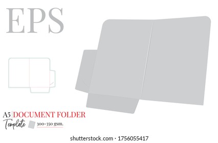 Document Folder Template A5. Vector with die cut / laser cut layers. White, clear, blank, isolated Document Folder mock up on white background with perspective view