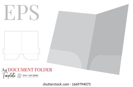 Document Folder Template. Vector with die cut, laser cut layers. two side document folder. White, clear, blank, isolated open Document Folder mock up on white background with perspective view.