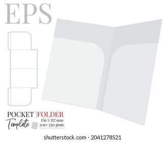 Document Folder Template. Vector With Die Cut, Laser Cut Layers. Two Side Document Folder. White, Clear, Blank, Isolated Open Pocket Folder Mock Up On White Background With Perspective View.