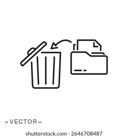 document folder with trash bin icon, deleting file or folder, delete data, information send to trash can concept, thin line symbol isolated on white background, editable stroke eps 10 vector