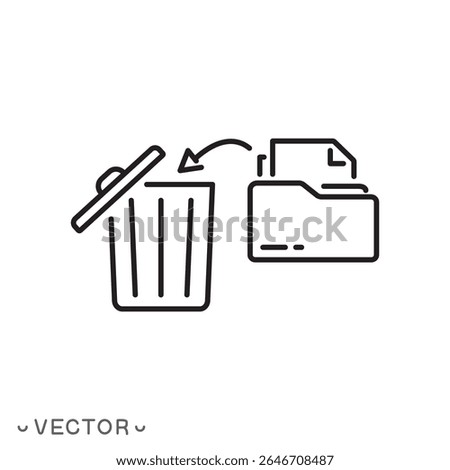 document folder with trash bin icon, deleting file or folder, delete data, information send to trash can concept, thin line symbol isolated on white background, editable stroke eps 10 vector