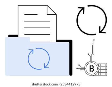 Documento em uma pasta com duas setas de reciclagem representando troca de dados, setas de reciclagem pretas para repetição e um símbolo Bitcoin conectado com circuitos eletrônicos para criptomoeda. Ideal para