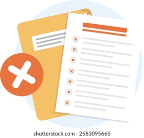 Document folder with wrong checklist icon, Paper sheet with x marks with document folder.