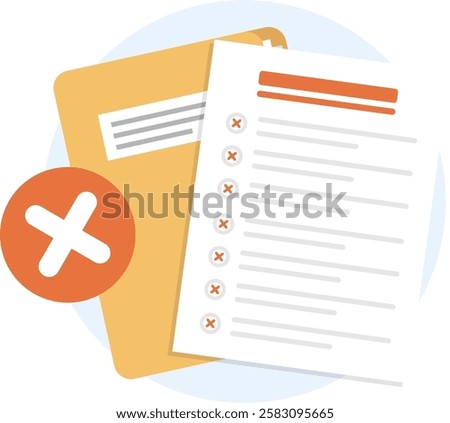 Document folder with wrong checklist icon, Paper sheet with x marks with document folder.