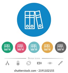 Document folders flat white icons on round color backgrounds. 6 bonus icons included.