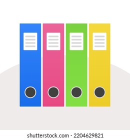 Document folders in office. Blue, pink, green, yellow folders. Vector flat illustrations.